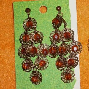 Antique Gold Colored Chandelier Earrings w/ Brown Beads